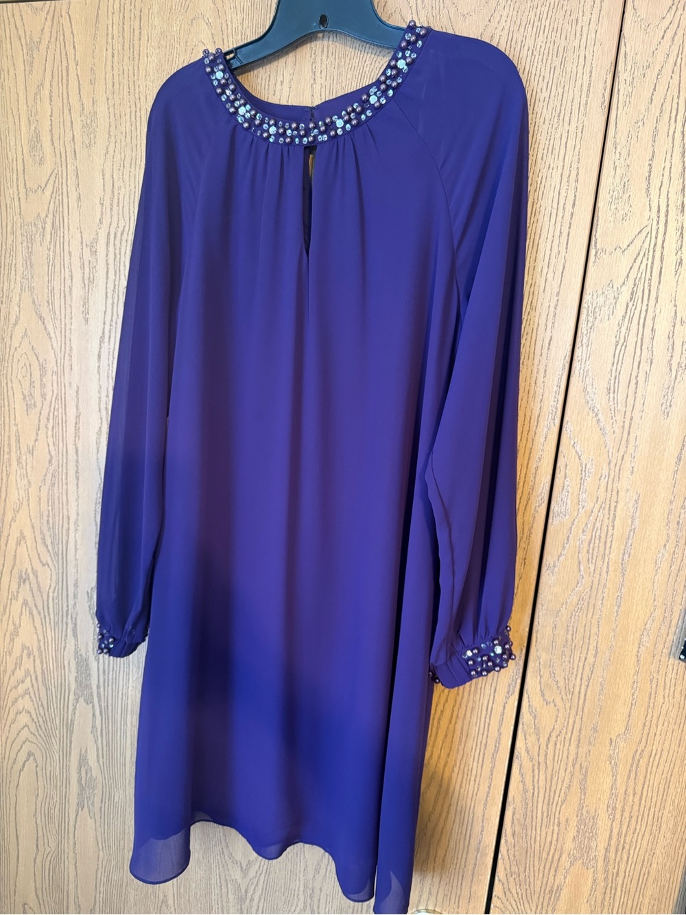 SLNY Jewel-Neck Purple Long-Sleeve Shift Dress